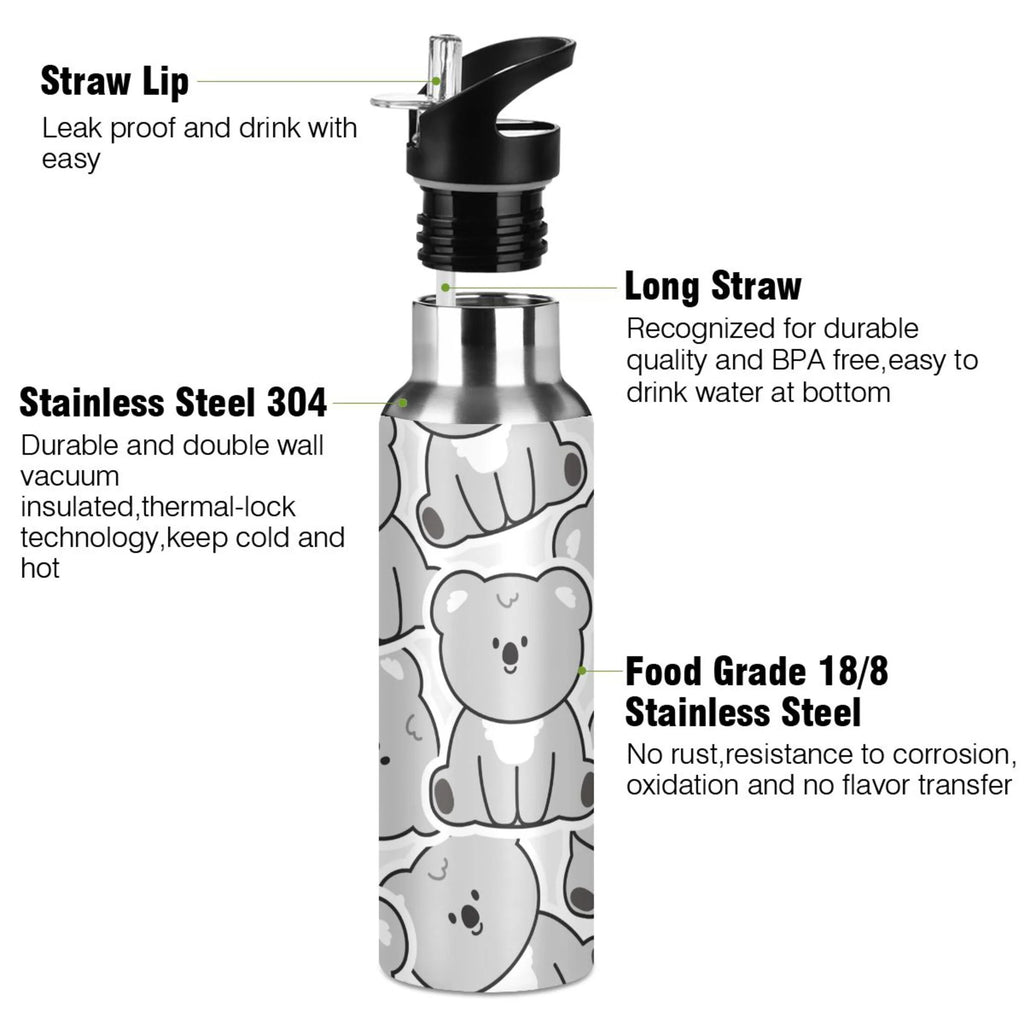 Gray Koala Bear Stainless Steel Insulated Water Bottle with Straw Lid K9330