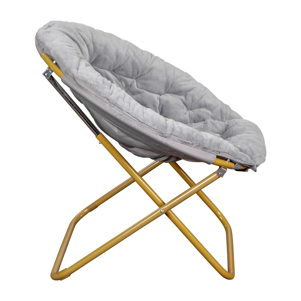Oversize Folding Saucer Chair with Faux Fur Upholstery in Gray with Metal Frame X9337