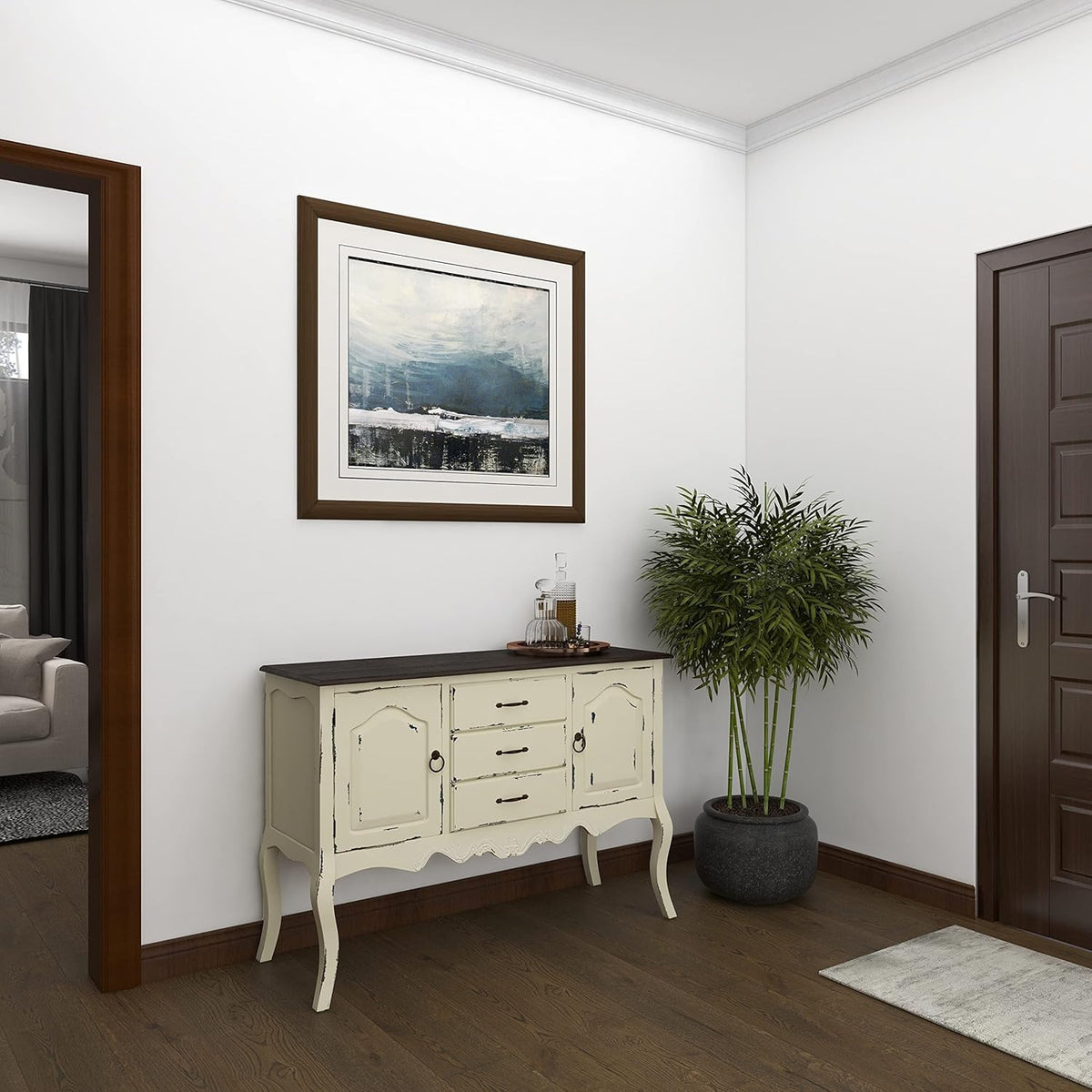 Beige & Brown Wood Cabinet with 3 Drawers & 2 Cabinets O63379