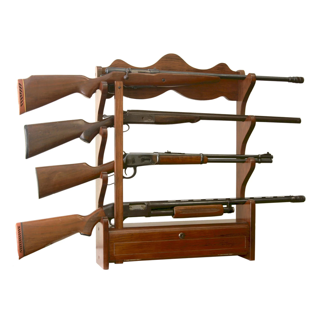 Solid Brown Pine 4 Gun Wall Rack with Locking Compartment M30595