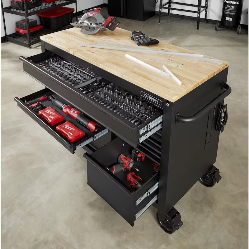 Heavy Duty 9-Drawer Mobile Workbench Cabinet with Hardwood Top in Matte Black T698