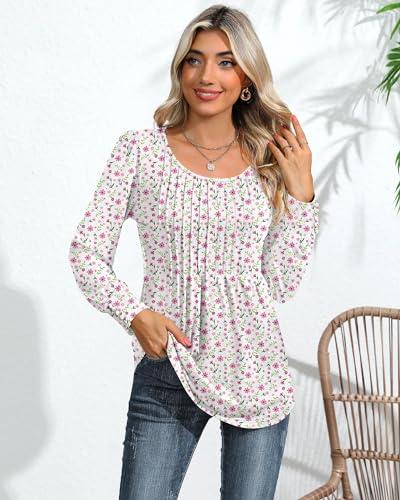 Puff Long Sleeve Tunic Tops Pleated Crew Neck Blouses G765