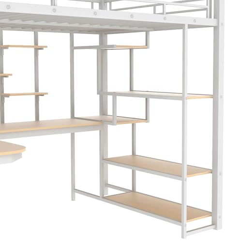 Full Size Black Metal Loft Bed with Desk, Wardrobe and Storage Stairs G45431