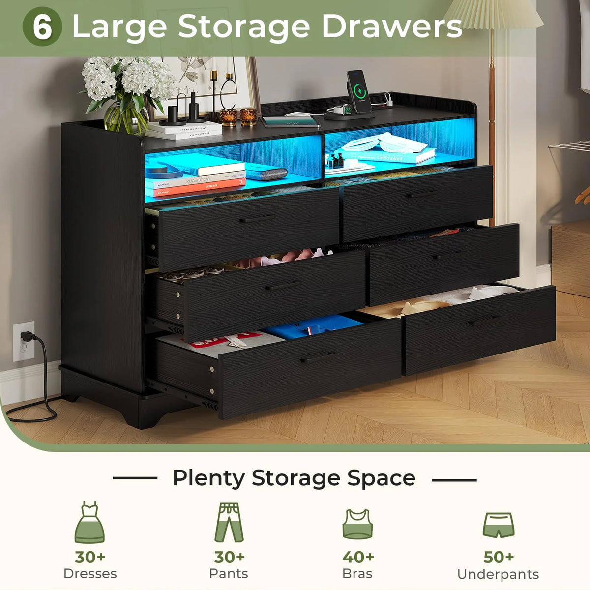 Black 6 Drawer Dresser T7483