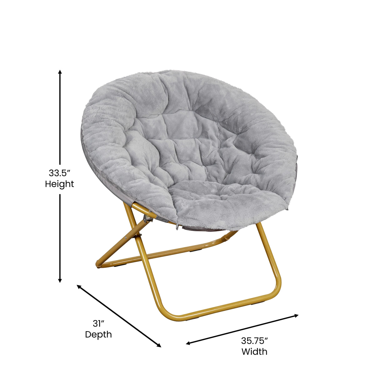 Oversize Folding Saucer Chair with Faux Fur Upholstery in Gray with Metal Frame X9337