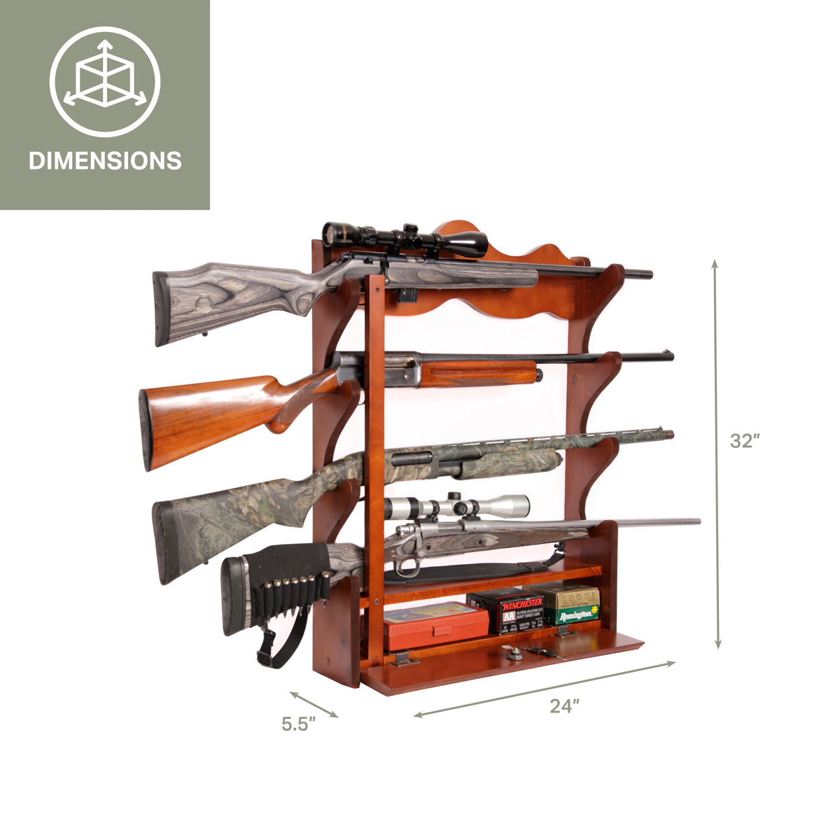 Solid Brown Pine 4 Gun Wall Rack with Locking Compartment M30595