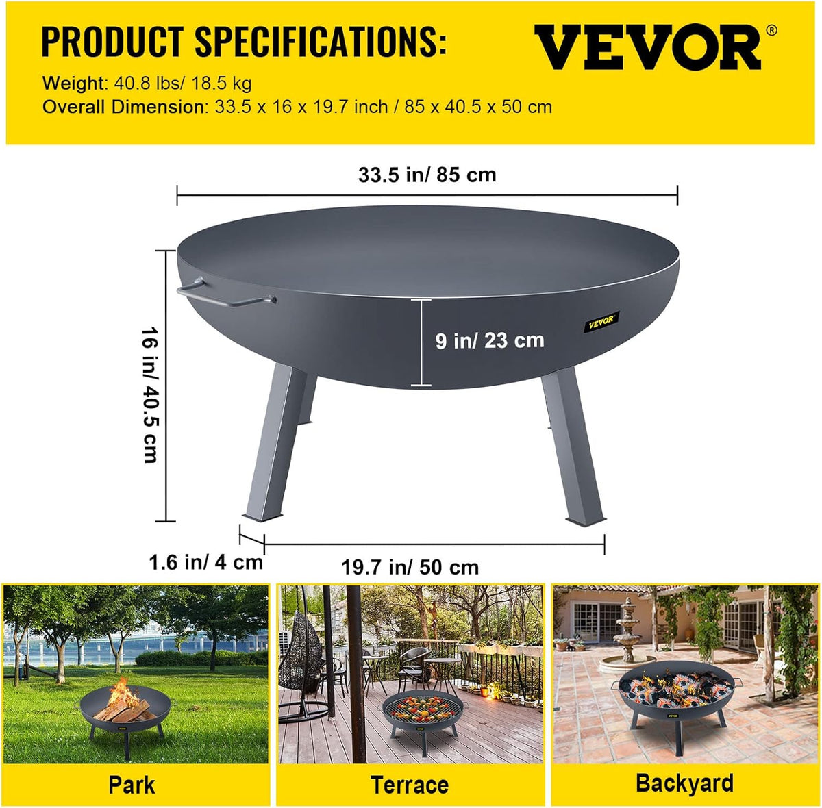 34-Inch Round Carbon Steel Fire Pit Bowl with Drain Hole and Handles M226810