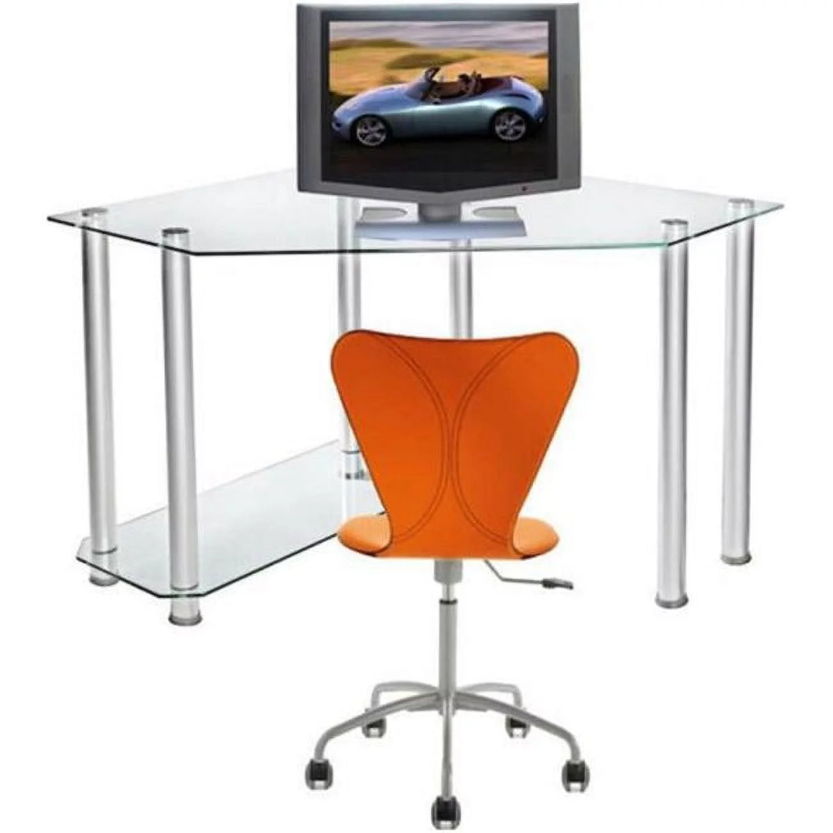 Clear Tempered Glass and Aluminum Corner Computer Desk R59368