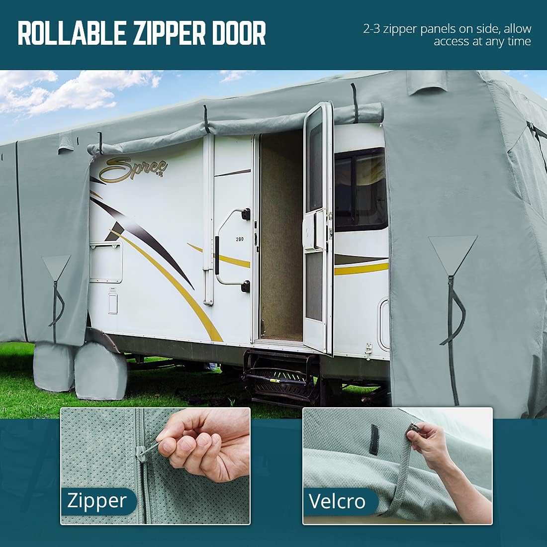 Extra-Thick 4 Layers Travel Trailer RV Cover, Fits 30'-33' Motorhome with 2Pcs Extra Straps & 4 Tire Covers M8339