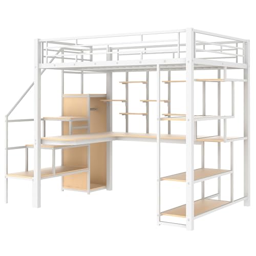 Full Size Black Metal Loft Bed with Desk, Wardrobe and Storage Stairs G45431