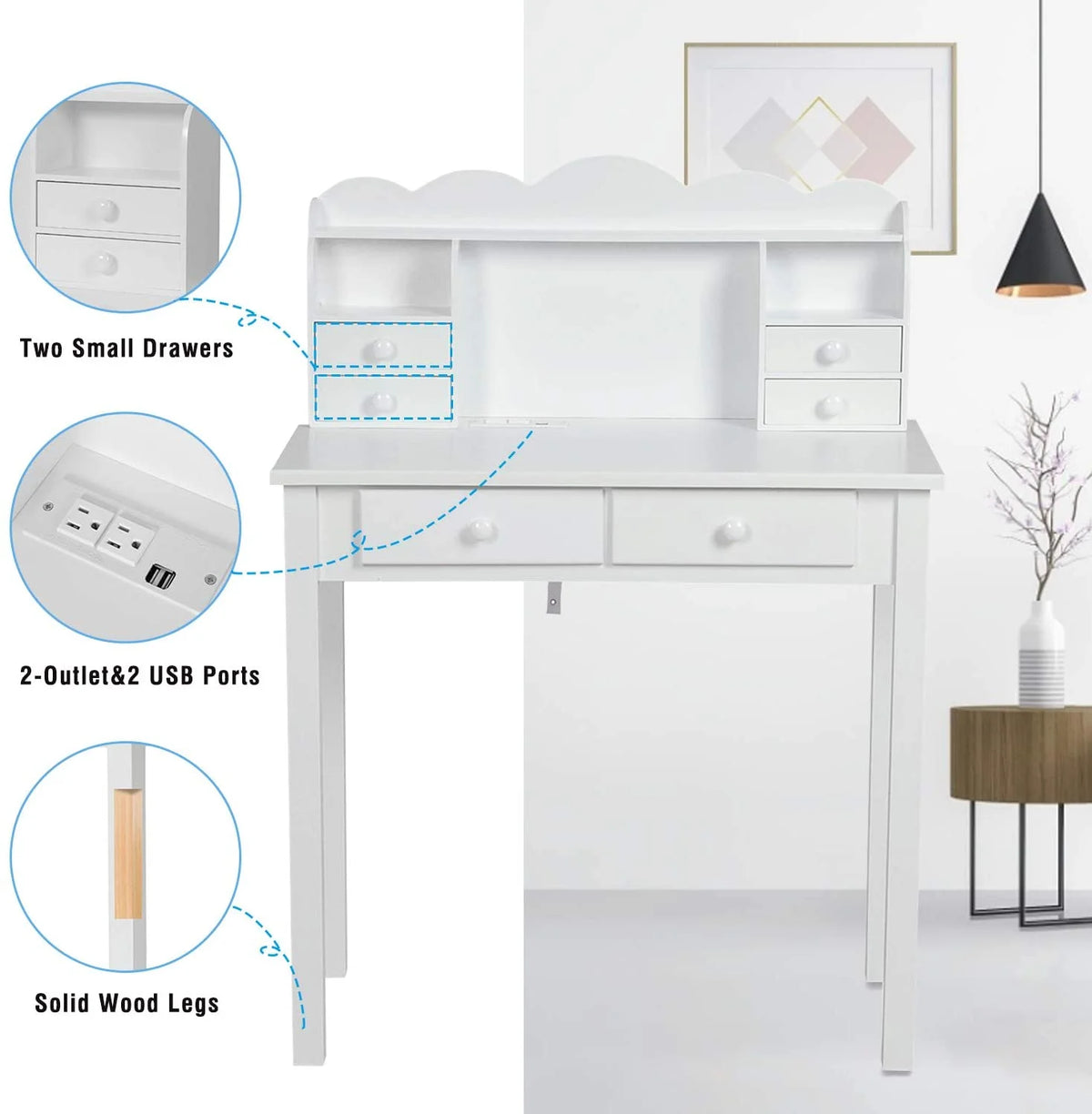31.5" White Writing Desk with Hutch and USB Ports J306727