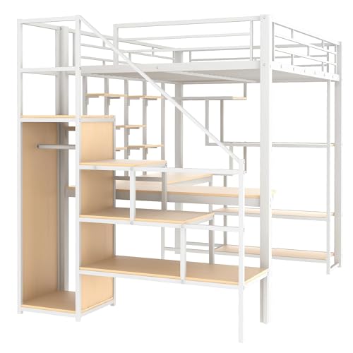 Full Size Black Metal Loft Bed with Desk, Wardrobe and Storage Stairs G45431
