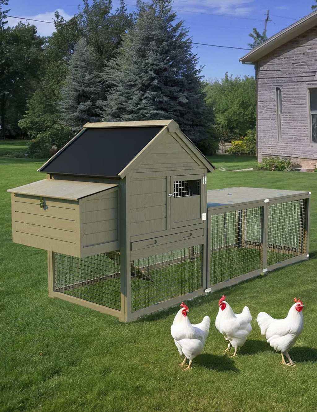 Wooden Chicken Coop with Run and Waterproof Roof Q485