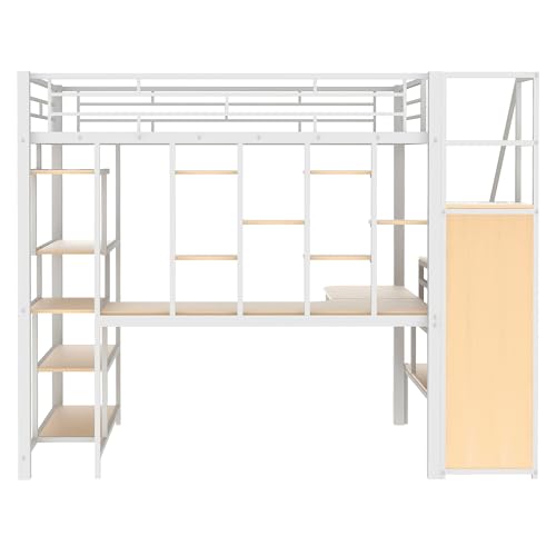 Full Size Black Metal Loft Bed with Desk, Wardrobe and Storage Stairs G45431