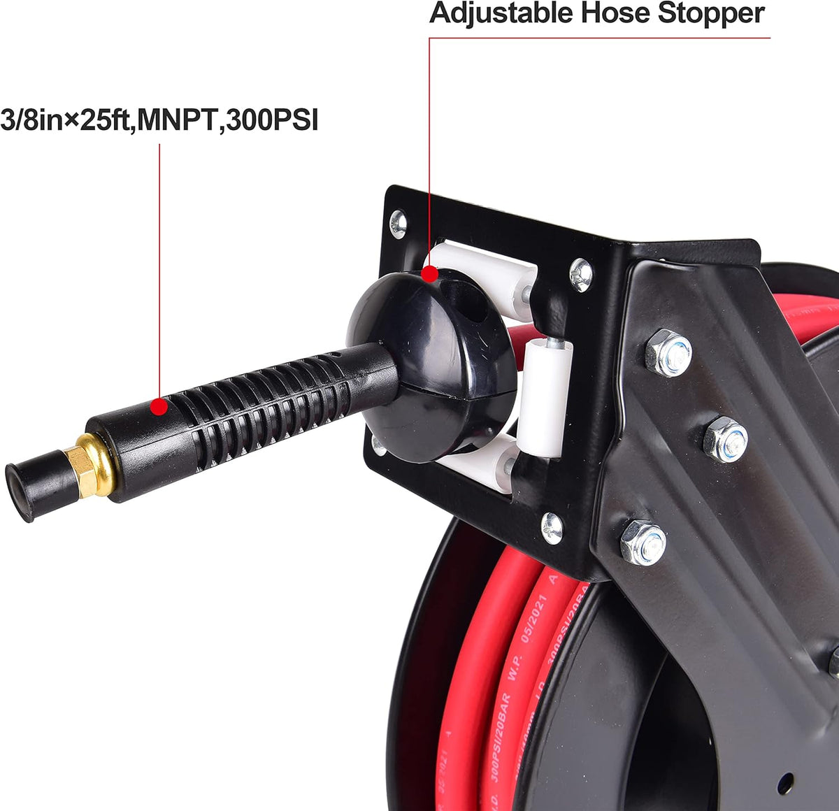 Heavy-Duty Steel Air Hose Reel with 3/8' x 25ft Retractable Rubber Hose, Black Pack of 2 F868