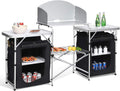 Folding Camping Kitchen Table with 2 Storage Organizer, Portable Aluminum Windscreen Cooking Table, 2-Tier Outdoor Kitchen Cook Station (Black) I41412