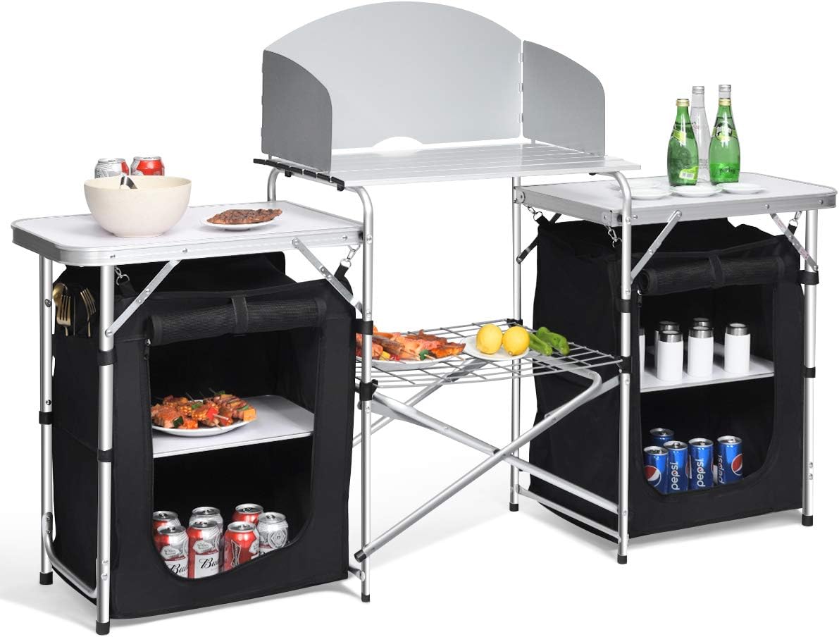 Folding Camping Kitchen Table with 2 Storage Organizer, Portable Aluminum Windscreen Cooking Table, 2-Tier Outdoor Kitchen Cook Station (Black) I41412