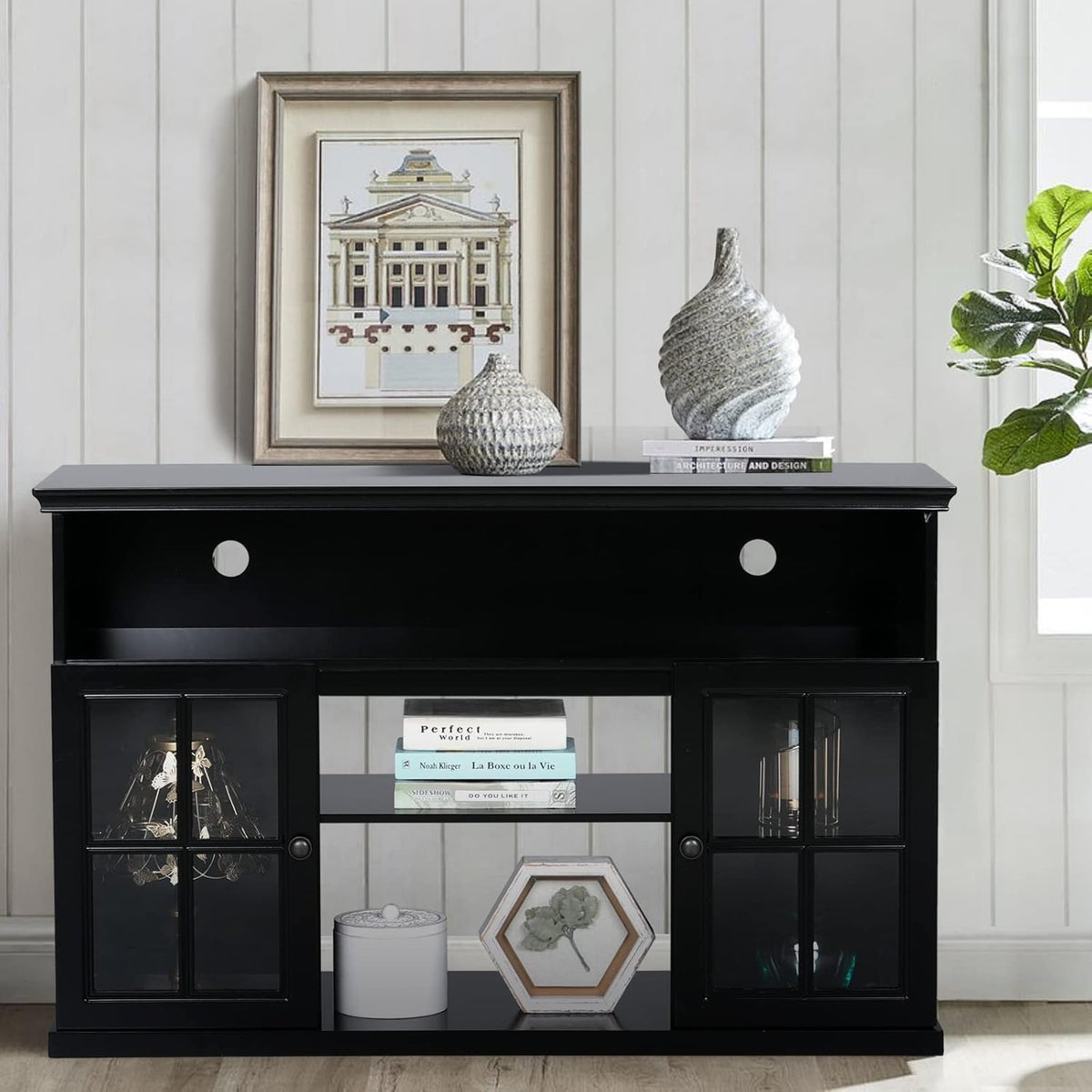 Black Fireplace TV Stand with Insert Fireplace and Adjustable Shelves C77991