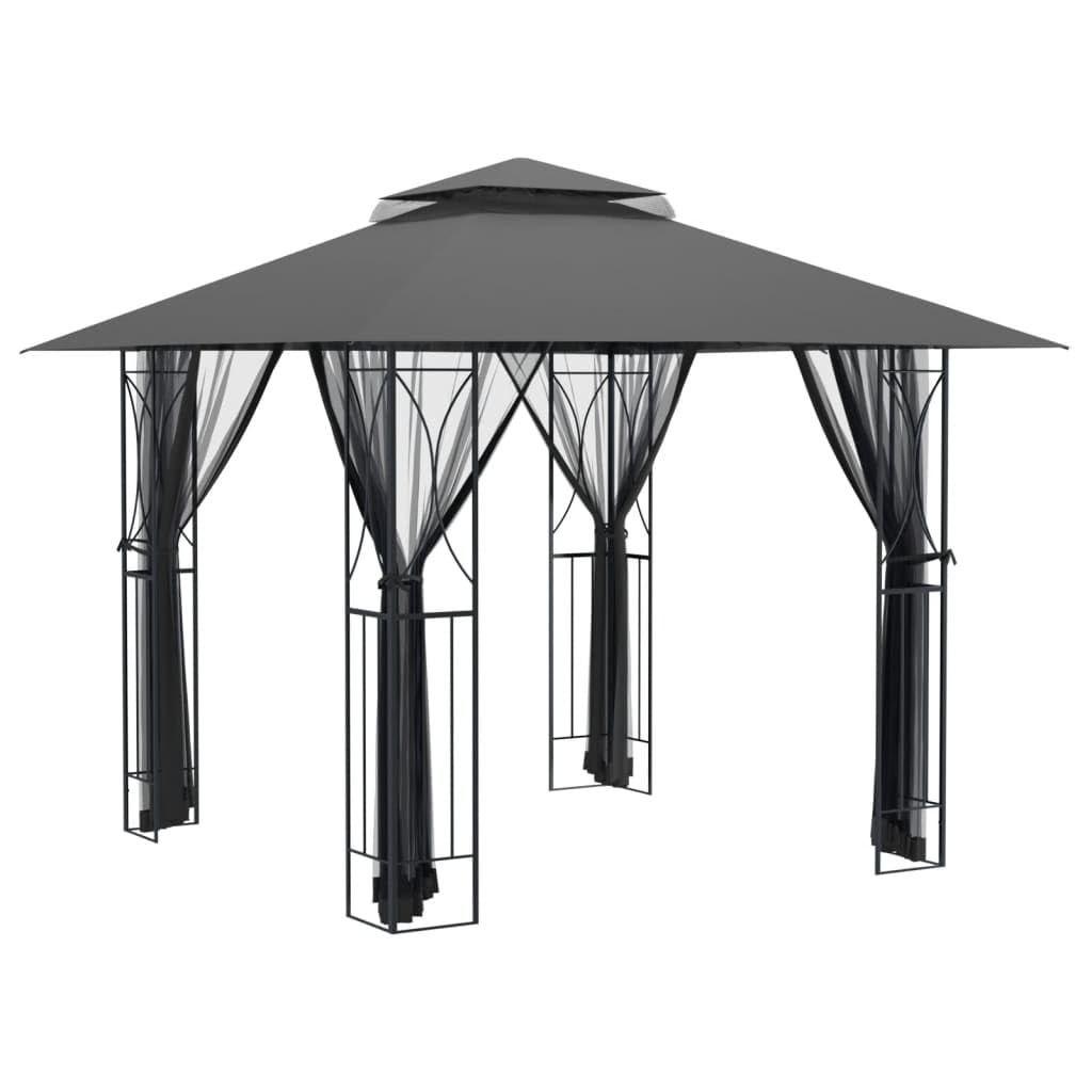 Steel Gazebo with Mesh Sidewalls Double-Tiered Roof N586