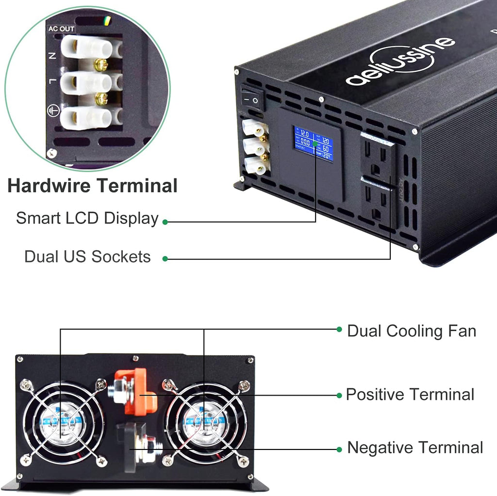 2000w Pure Sine Wave Power Inverter 48v DC to AC 110v 120v with Hardwire Terminal LCD Display Y213