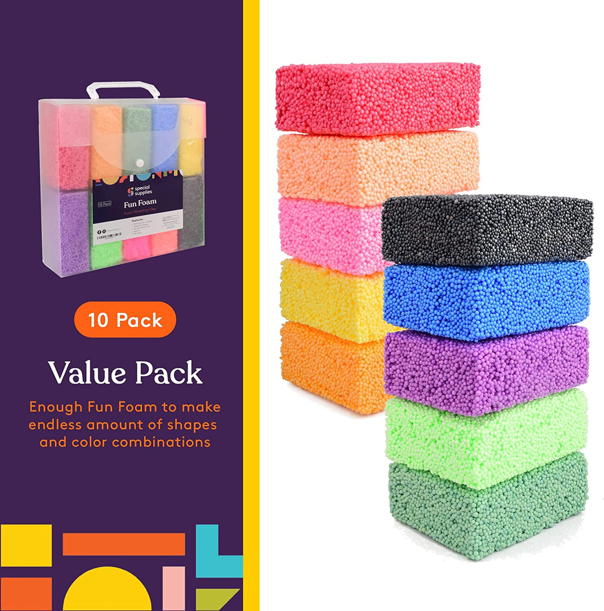 Fun Foam Modeling Foam Beads Play Kit, 10 Blocks Children's Educational Clay for Arts Crafts Kindergarten, Preschool Kids Toys N60585