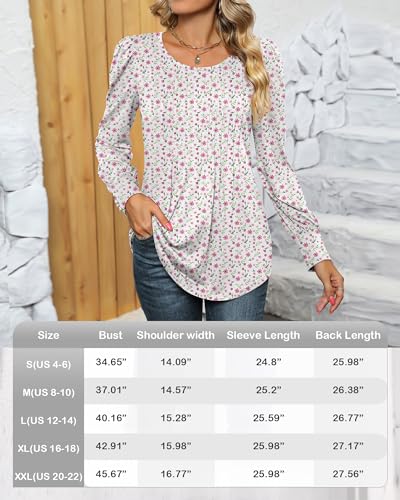Puff Long Sleeve Tunic Tops Pleated Crew Neck Blouses G765