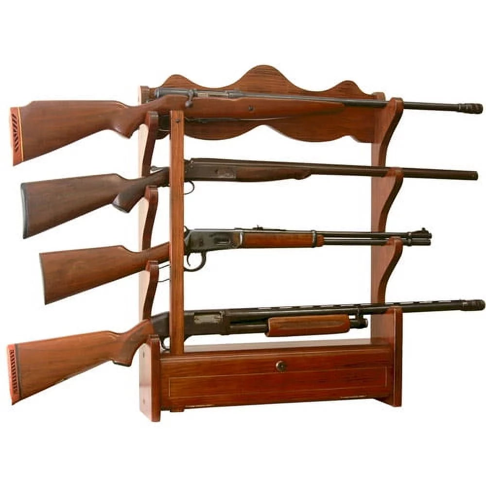 Solid Brown Pine 4 Gun Wall Rack with Locking Compartment M30595