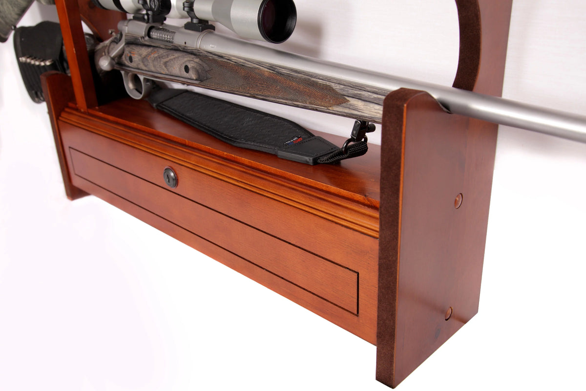 Solid Brown Pine 4 Gun Wall Rack with Locking Compartment M30595