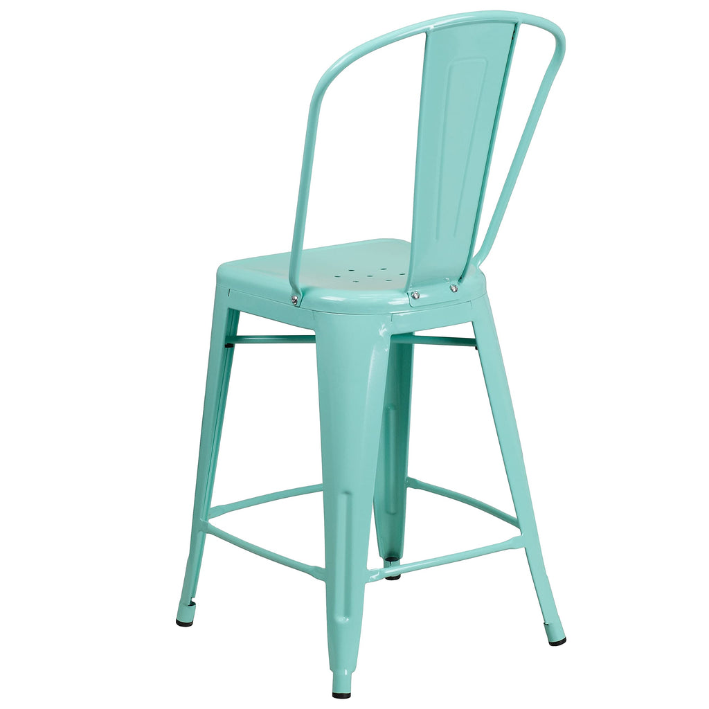 Mint Green Metal Counter Height Stool with Back J392