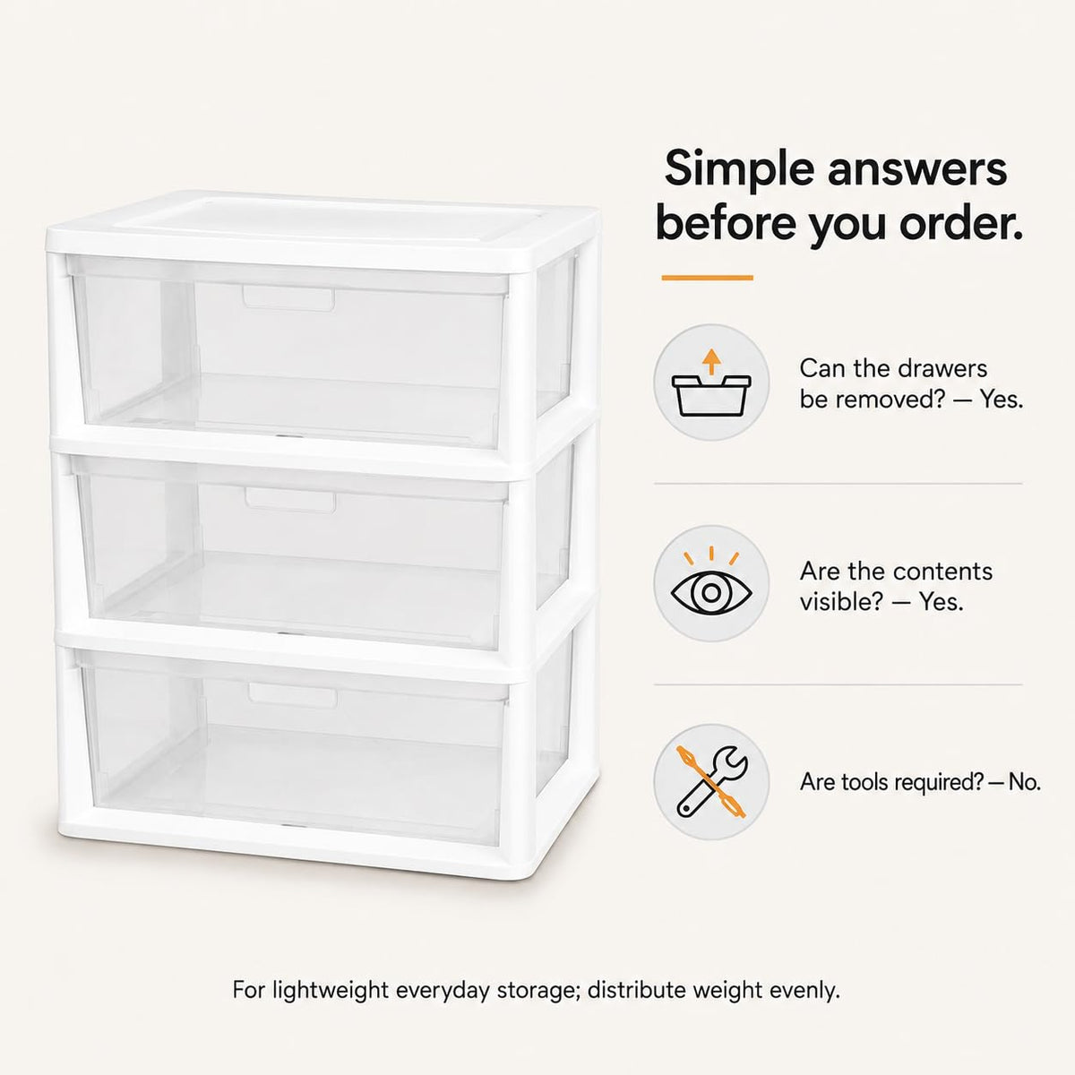 3-Drawer Plastic Storage Tower with Clear Removable Bins O321
