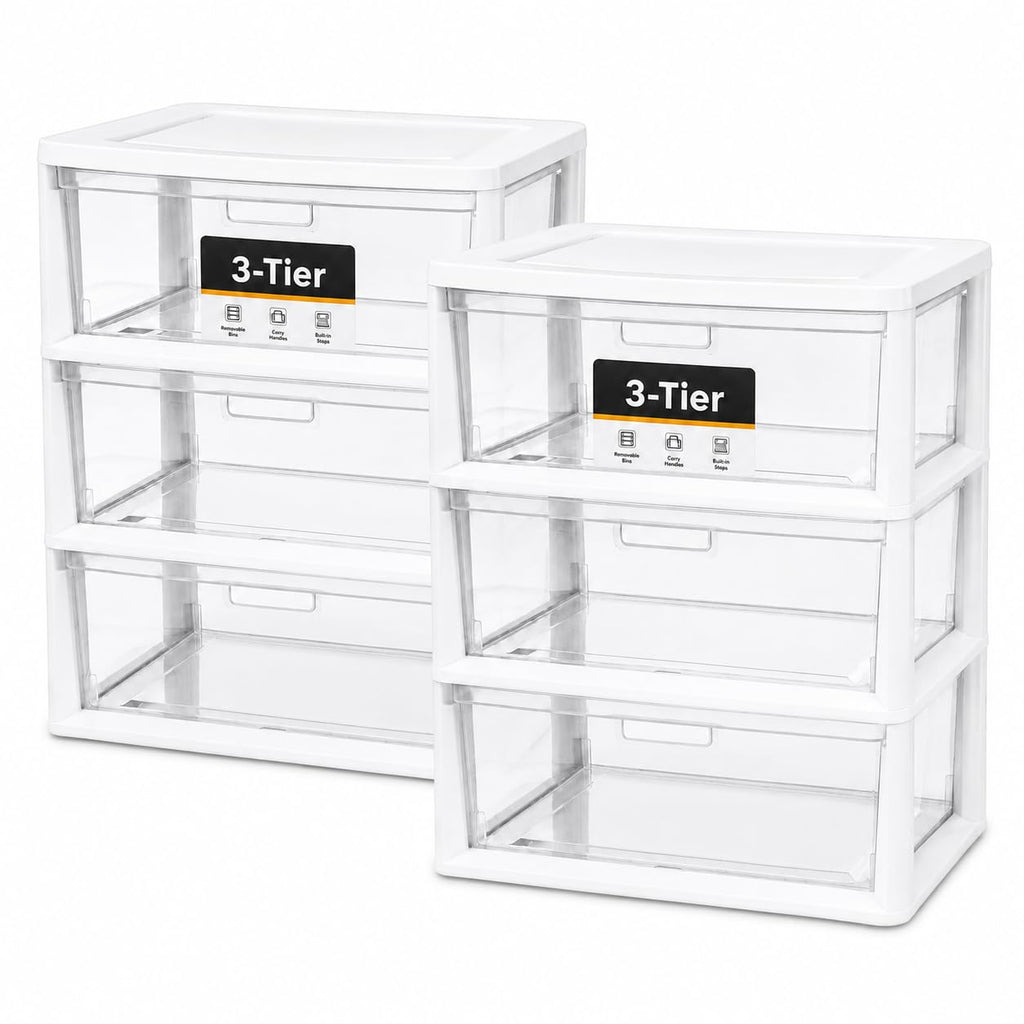 3-Drawer Plastic Storage Tower with Clear Removable Bins O321