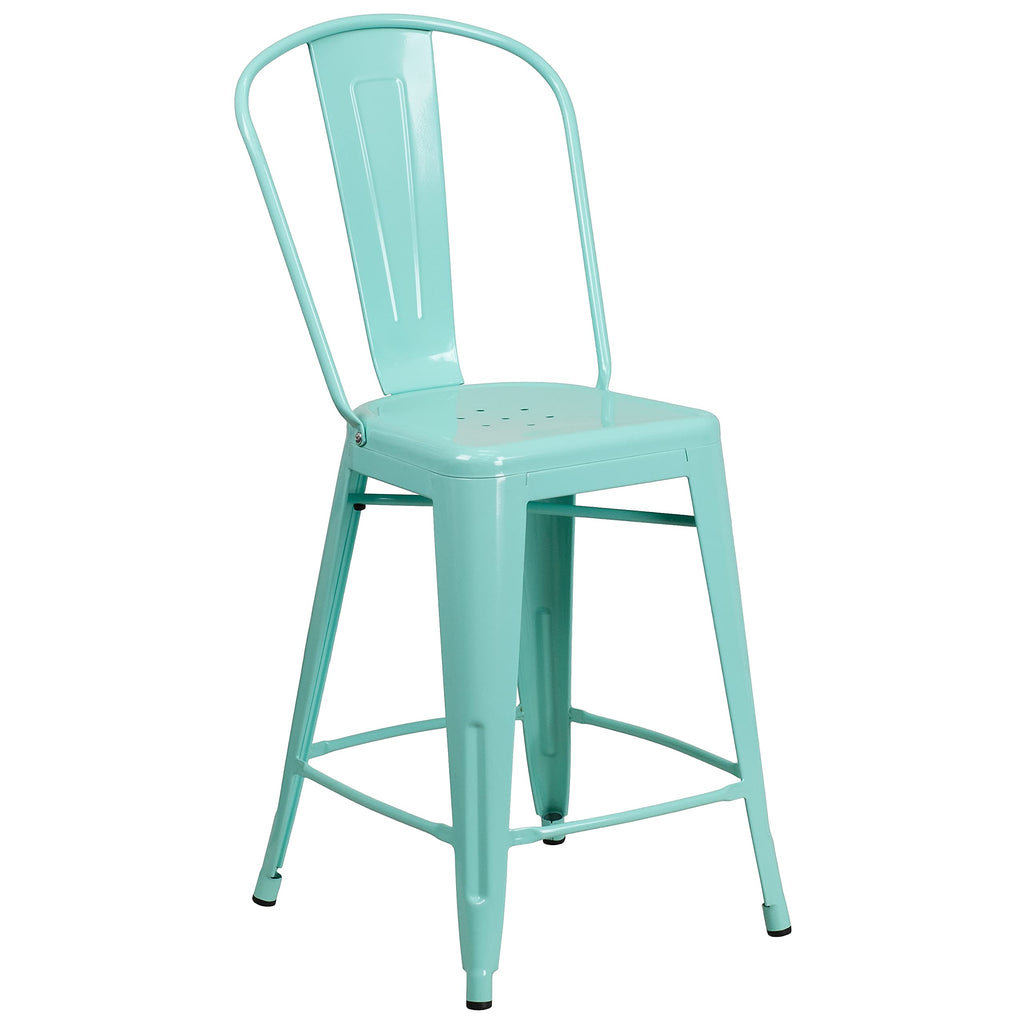 Mint Green Metal Counter Height Stool with Back J392
