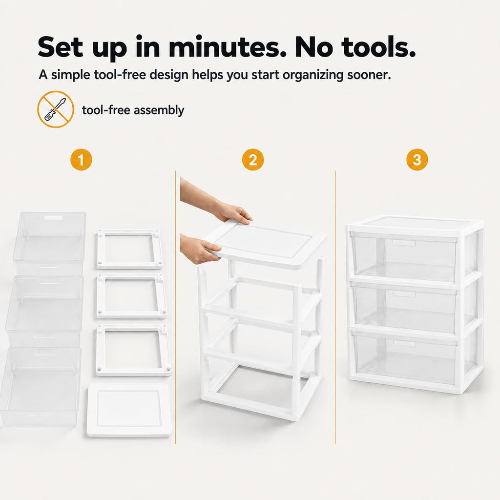 3-Drawer Plastic Storage Tower with Clear Removable Bins O321