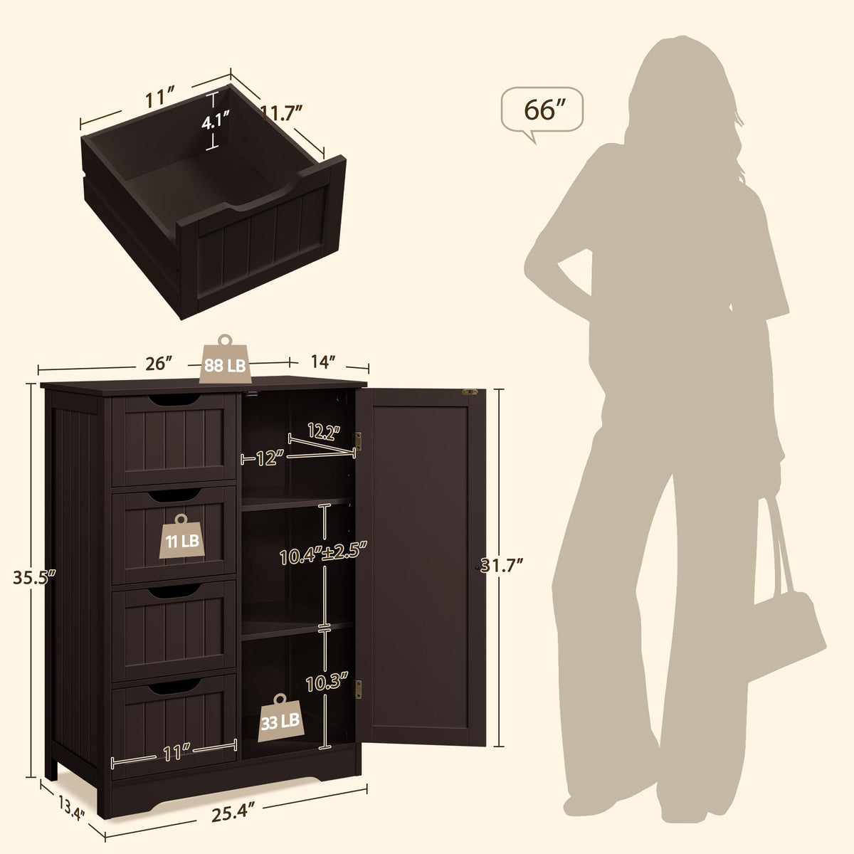 Espresso 4 Drawer Bathroom Storage Cabinet O8344