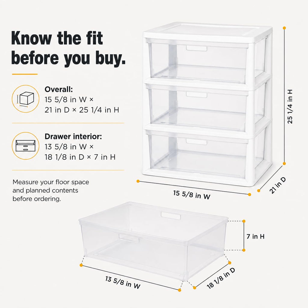 3-Drawer Plastic Storage Tower with Clear Removable Bins O321
