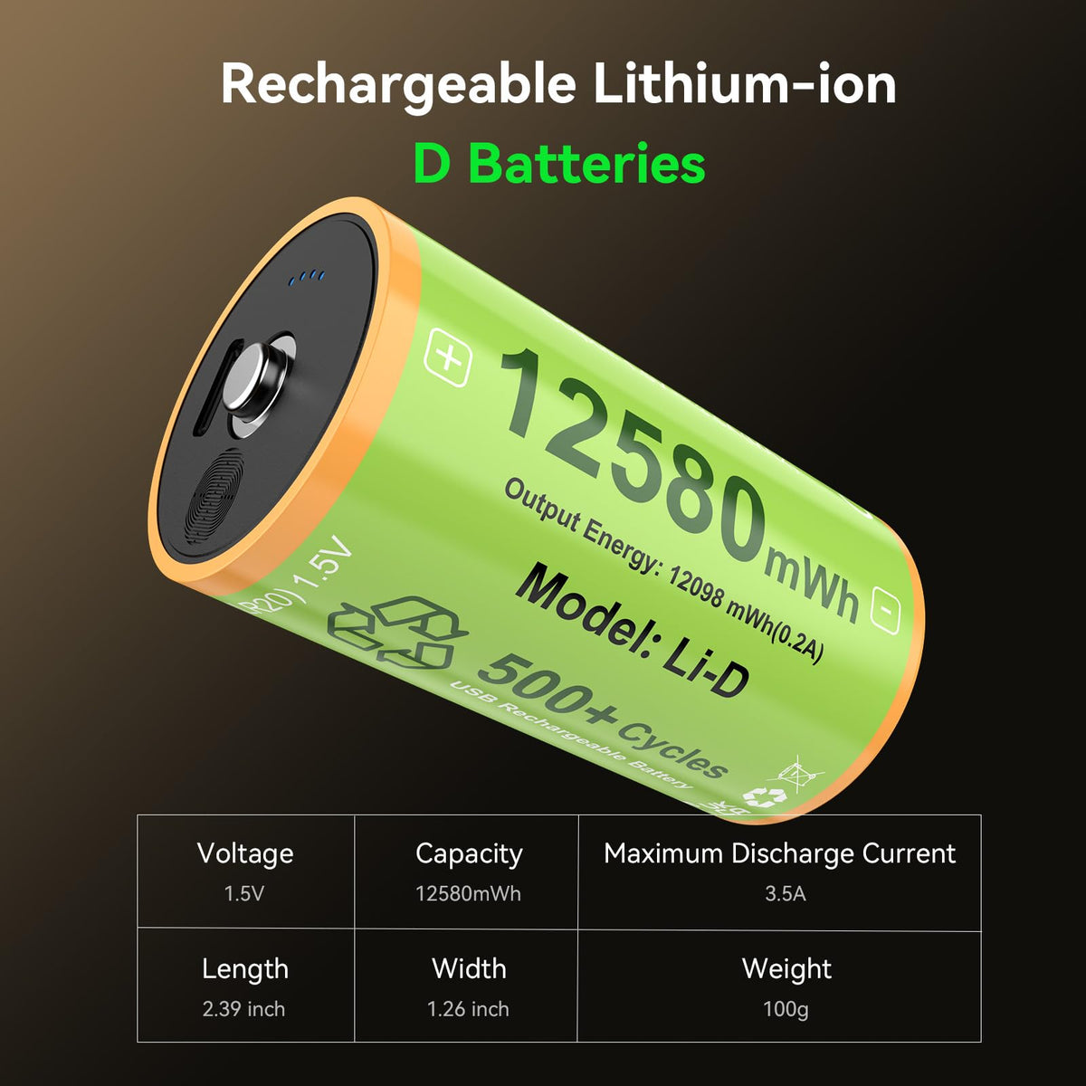 Rechargeable Lithium D Batteries 4 Pack B201