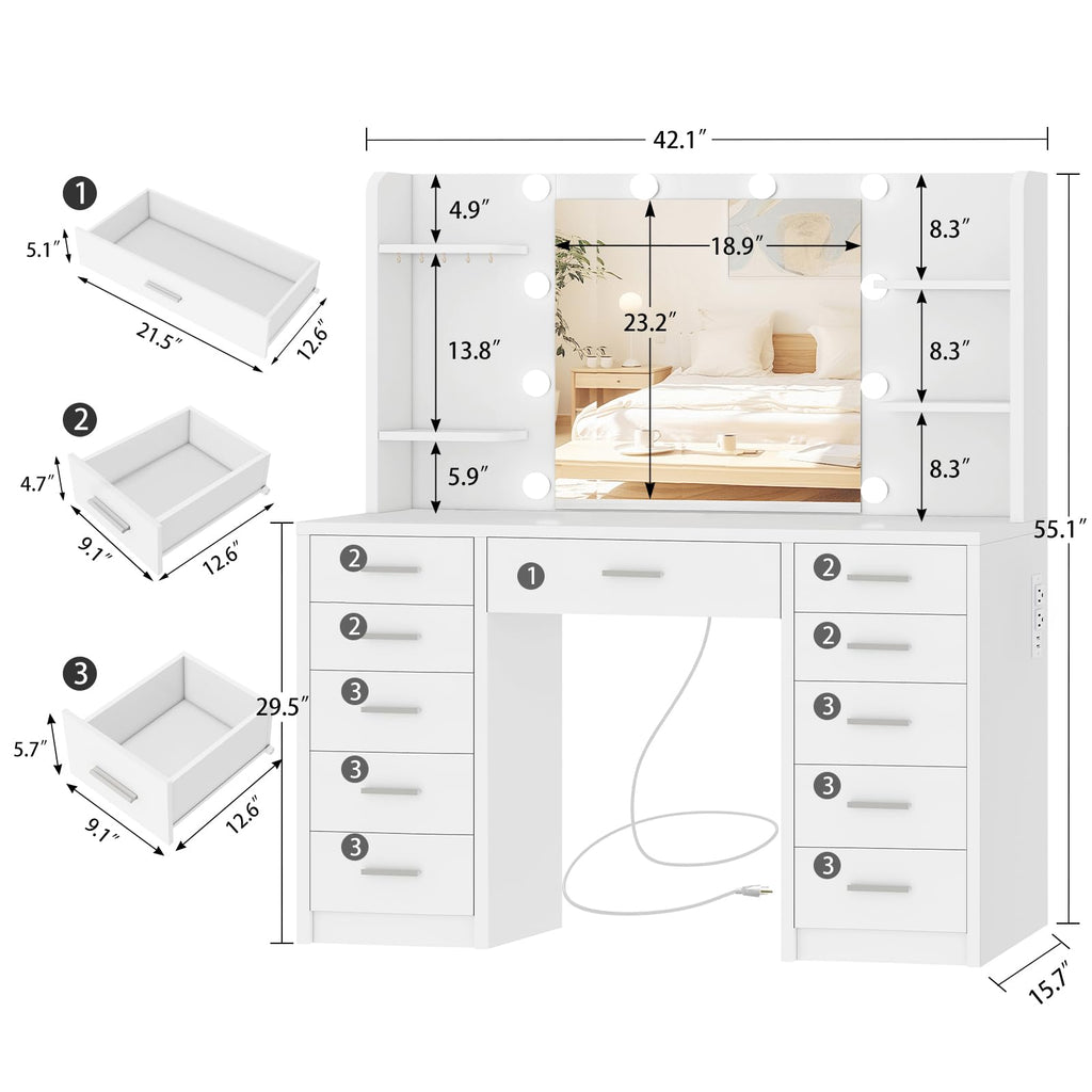 White Vanity Desk with Mirror and Lights N1341