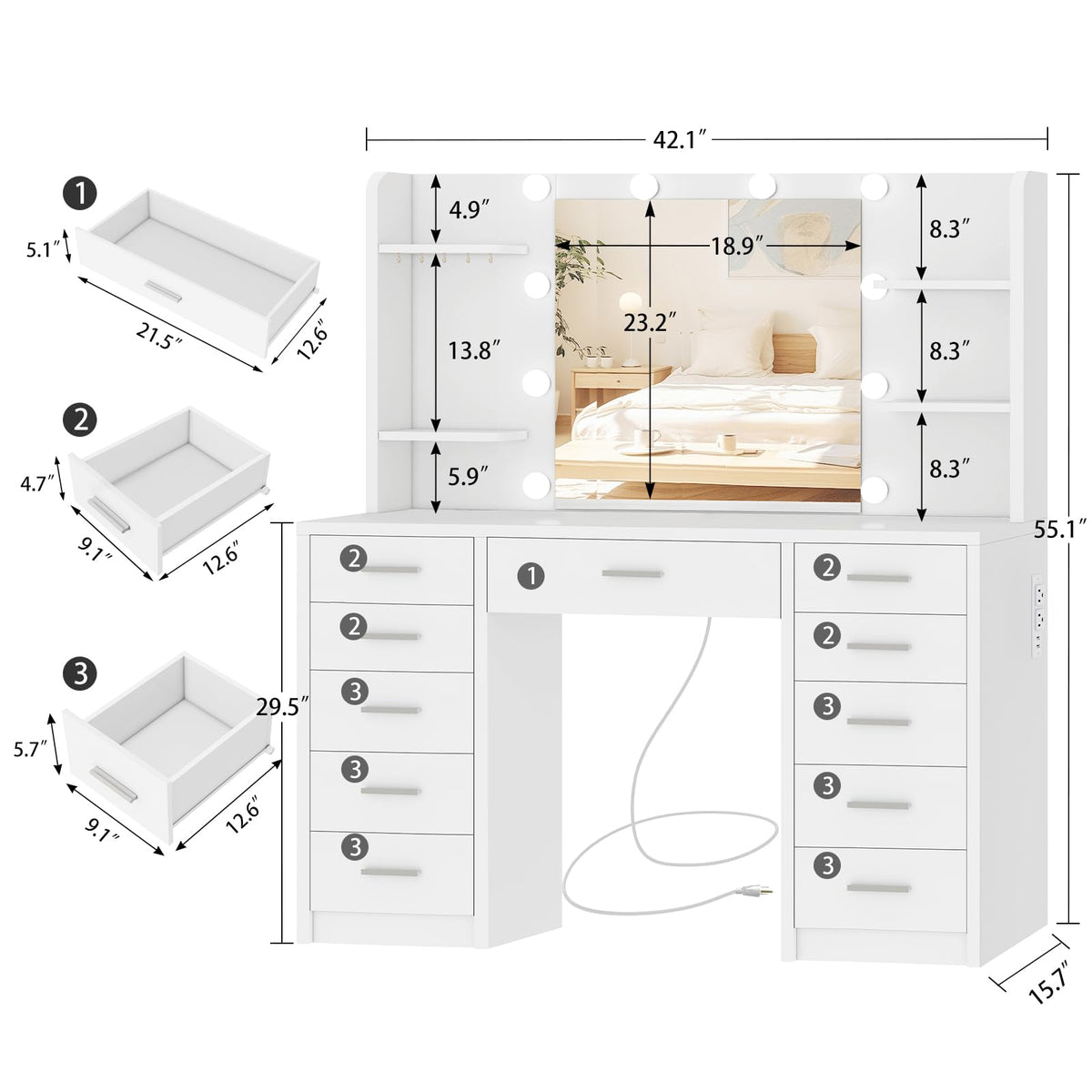 White Vanity Desk with Mirror and Lights N1341