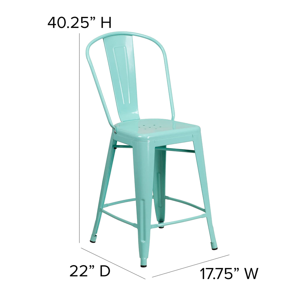 Mint Green Metal Counter Height Stool with Back J392
