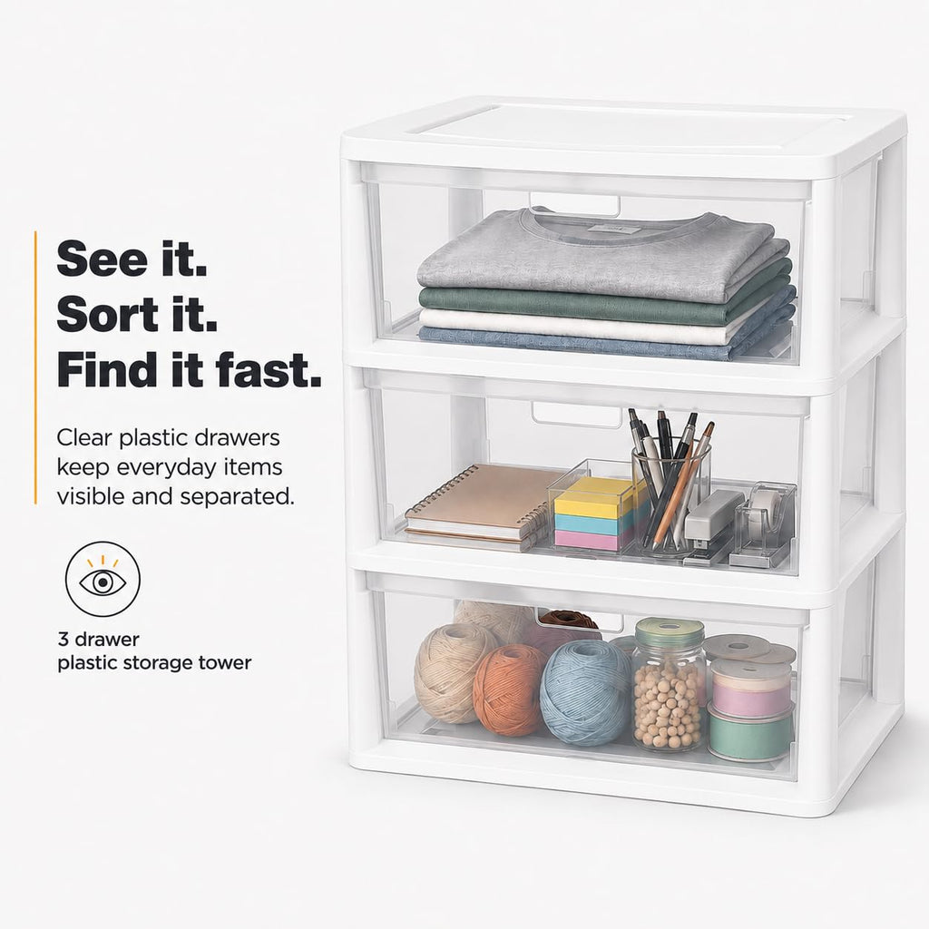 3-Drawer Plastic Storage Tower with Clear Removable Bins O321