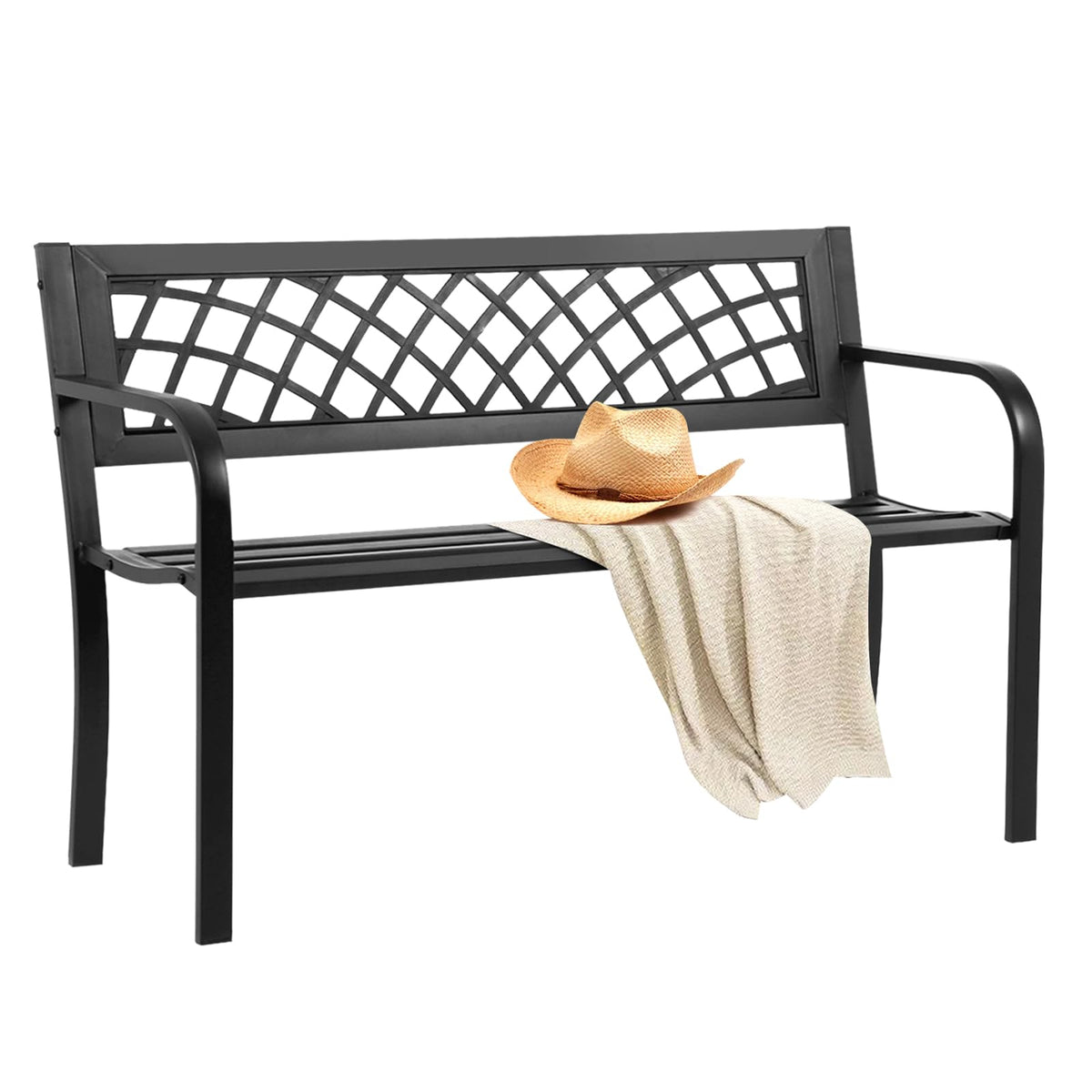 Black Iron Steel Outdoor Bench with Backrest and Armrests A8219