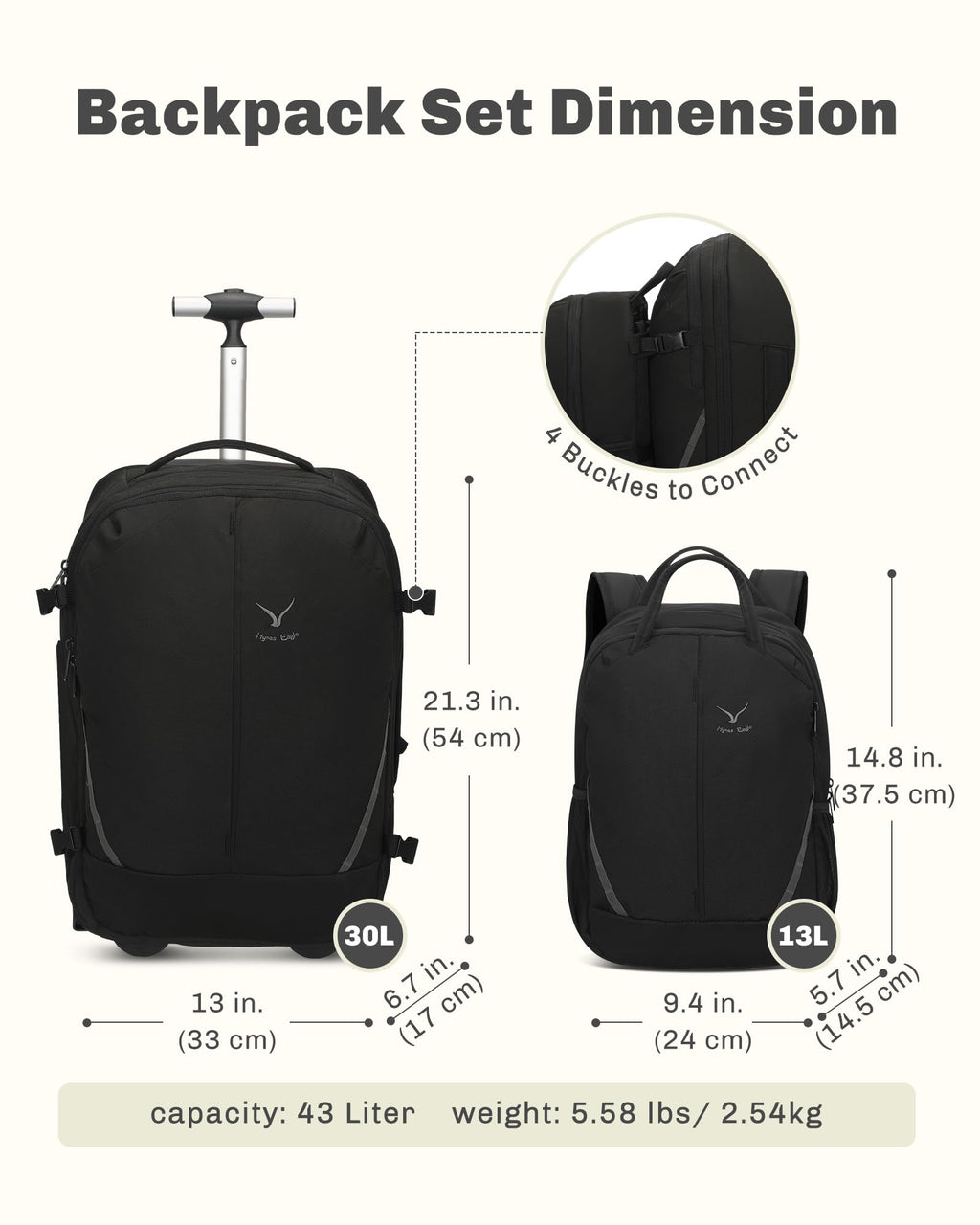 Rolling Backpack with Wheels 43L with Packing Cubes Set 6PC C479