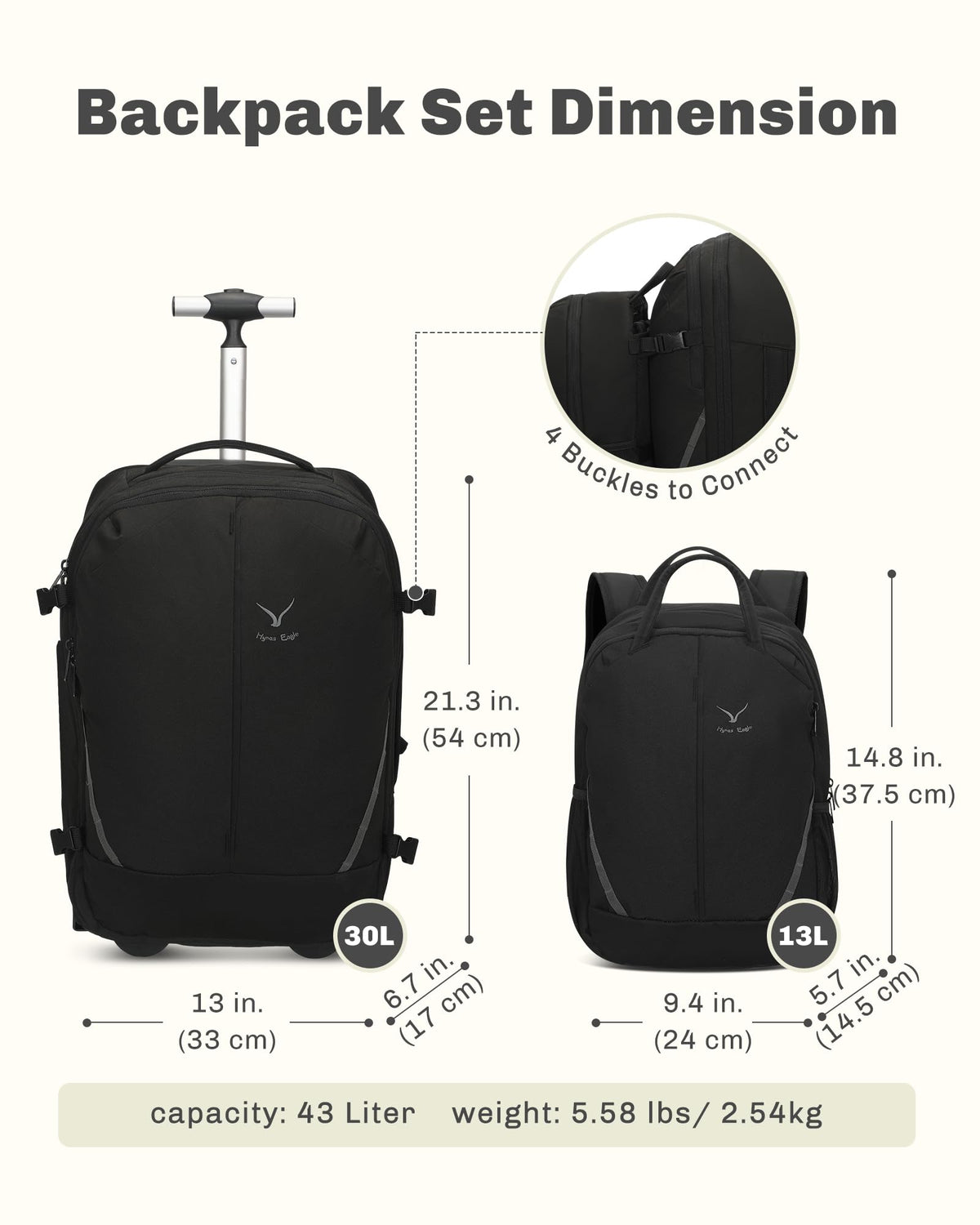 Rolling Backpack with Wheels 43L with Packing Cubes Set 6PC C479