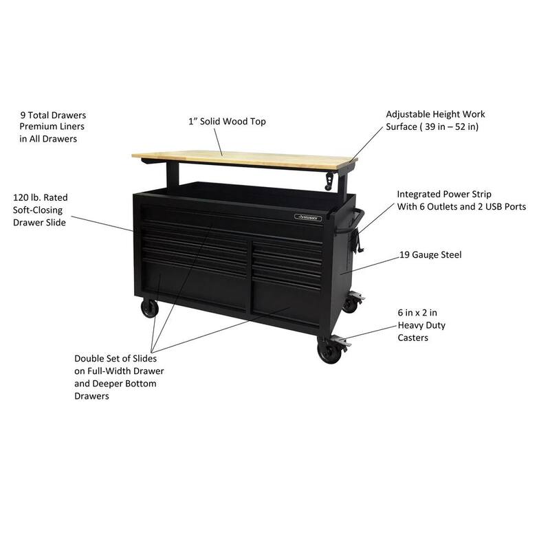 Heavy Duty 9-Drawer Mobile Workbench Cabinet with Hardwood Top in Matte Black T698