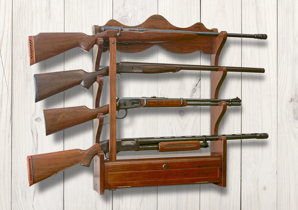 Solid Brown Pine 4 Gun Wall Rack with Locking Compartment M30595