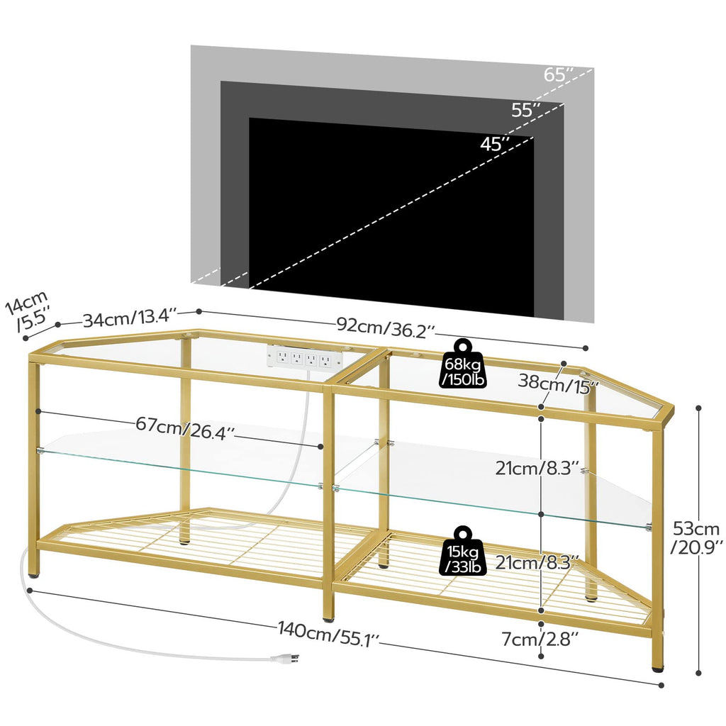Corner TV Stand with Power Outlet, 55" Tempered Glass G4787