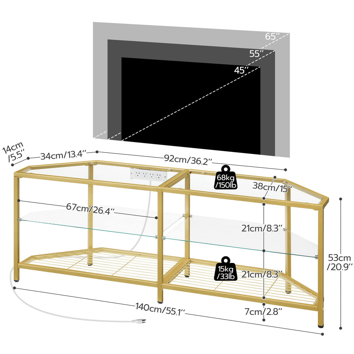 Corner TV Stand with Power Outlet, 55" Tempered Glass G4787
