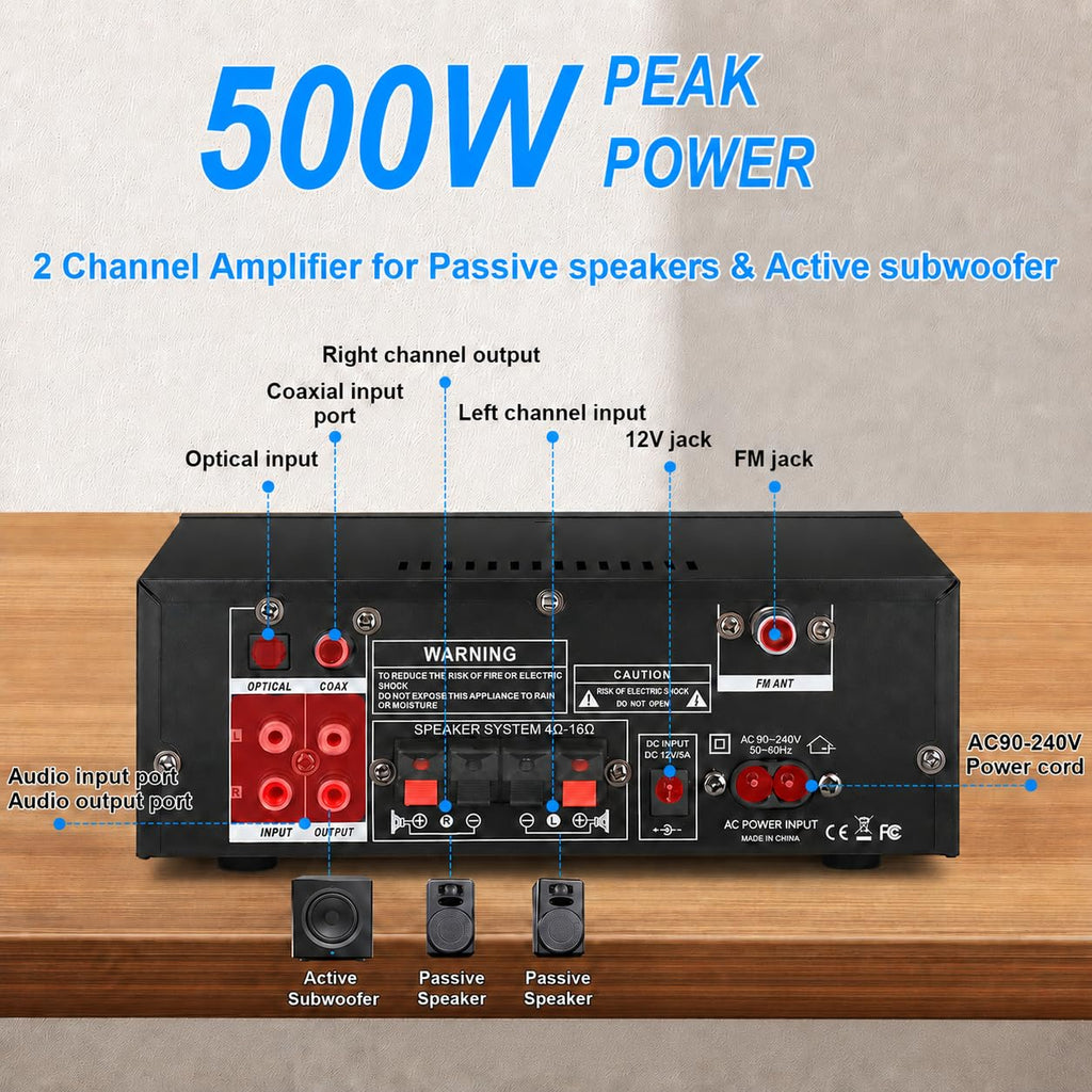 500W 2 Channel Bluetooth Stereo Audio Amplifier Z3453