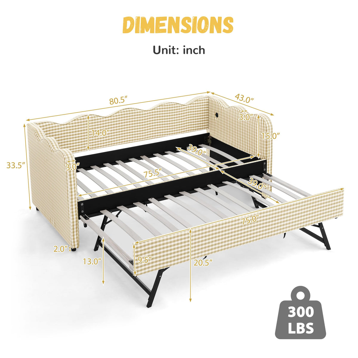 Twin Size Gingham Daybed with Trundle and USB Ports N804
