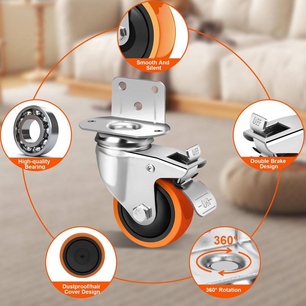 3 Inch Side Mount Casters Set of 4 with Brakes T5685